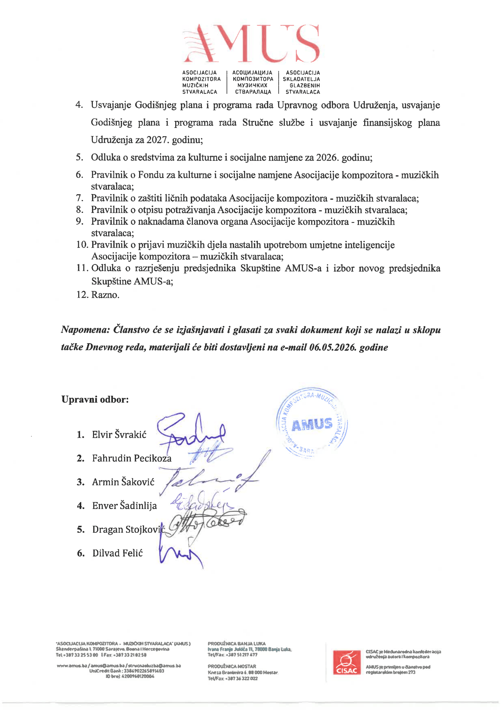 Obavještenje i poziv članovima AMUS-a